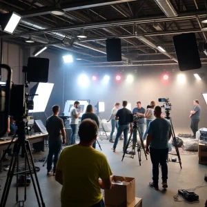California film set with diverse crews working
