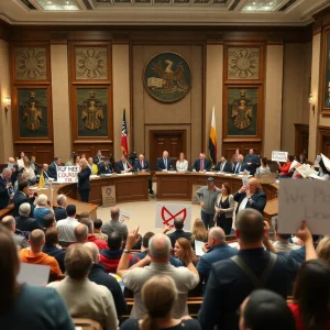 A lively city council meeting in Huntington Beach with protesters outside