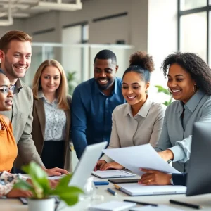 Diverse team members collaborating in a professional office setting.