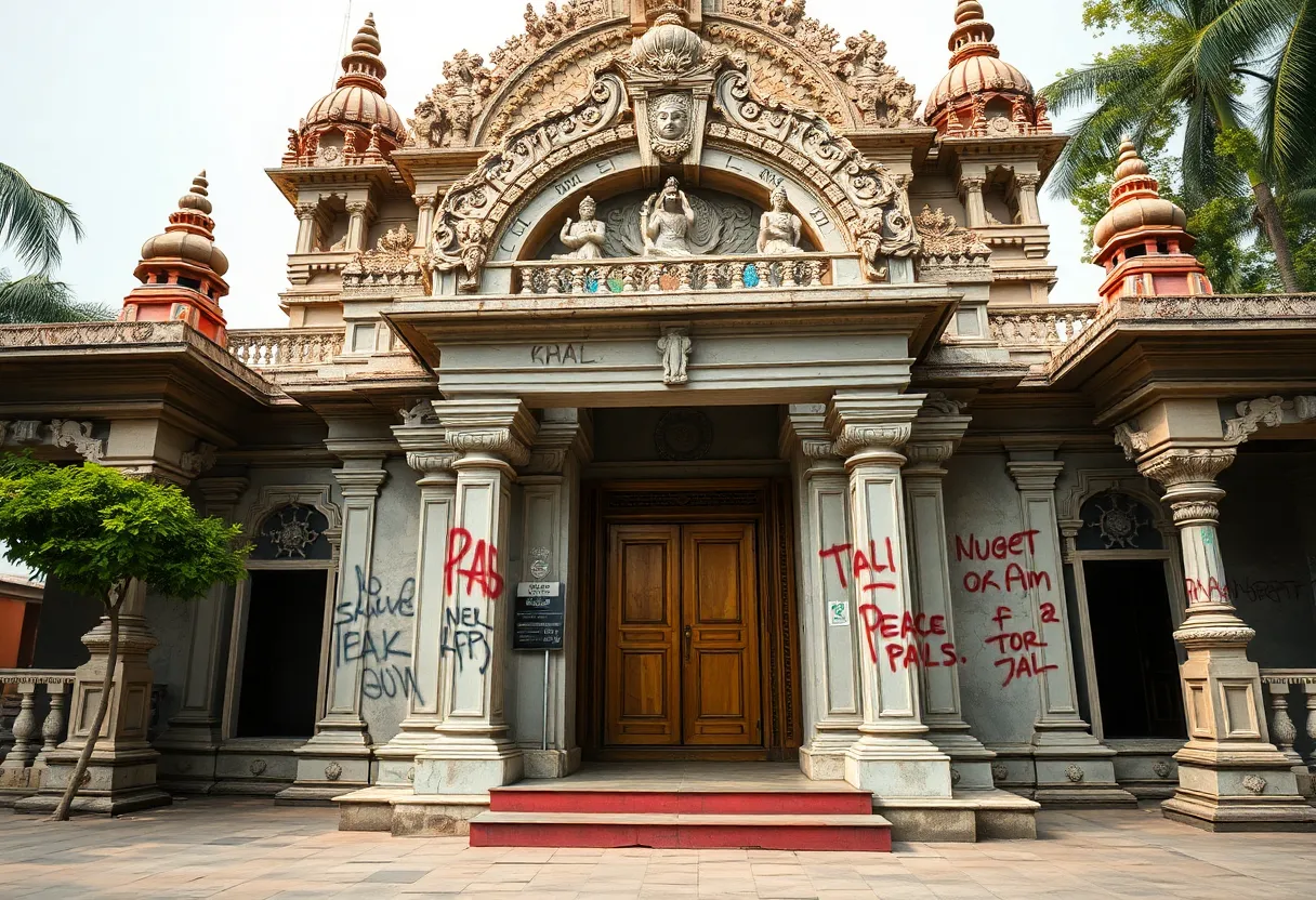 Graffiti on Hindu temple sign in Chino Hills