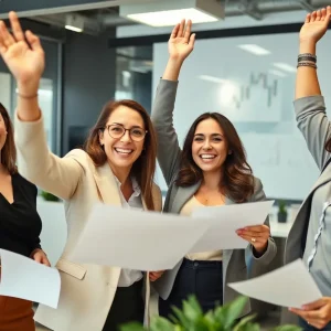 Diverse professional women celebrating their achievements in wealth management