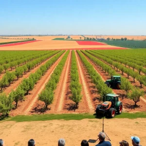 California almond farm with a press conference setup