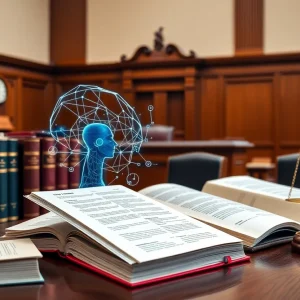 Illustration of modern technology and law books representing the California Bar Exam controversy.