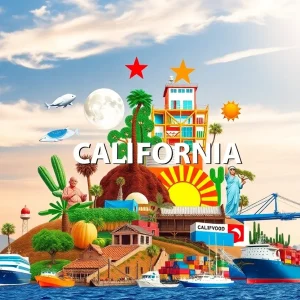 Representation of California's diverse economy showing technology, agriculture, and trade.
