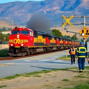 Freight train traveling through California with safety measures