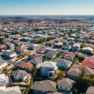 Aerial view of California housing showcasing varied home styles