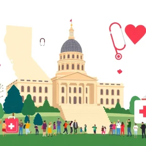 An artistic depiction of California's healthcare initiatives and community support.