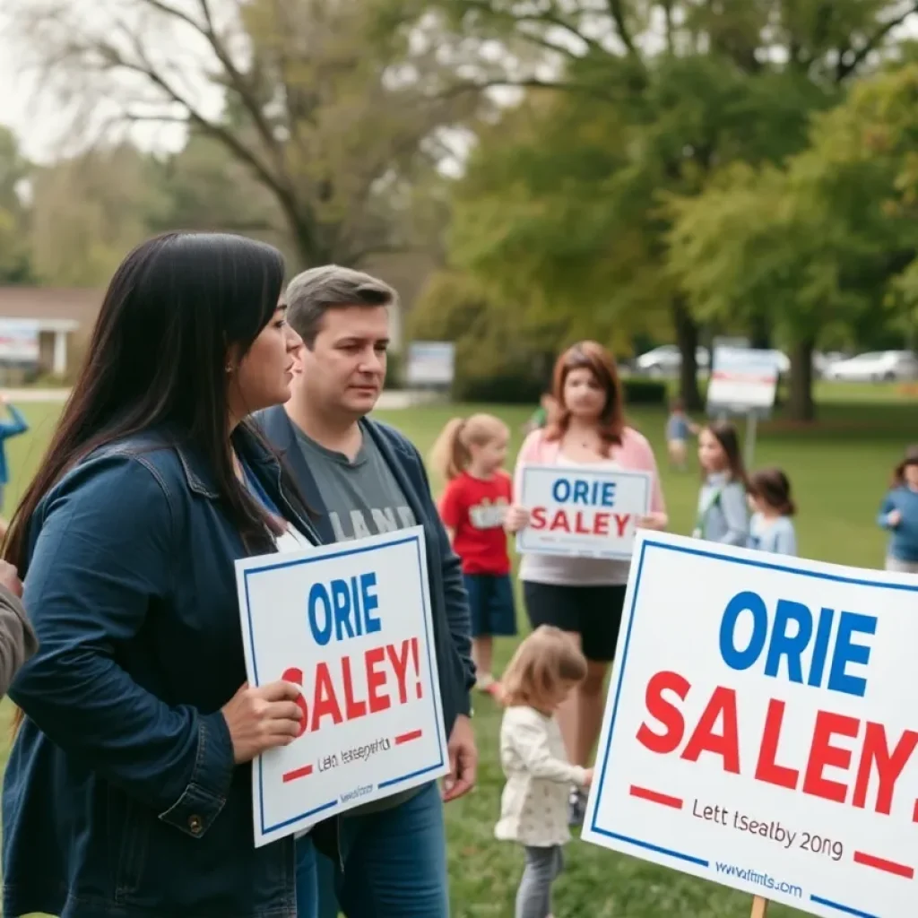 Concerned parents discussing campaign signs in Huntington Beach