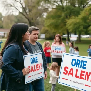 Concerned parents discussing campaign signs in Huntington Beach