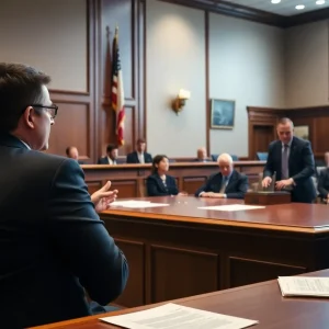 Courtroom scene illustrating legal action against a nonprofit over fund misuse.