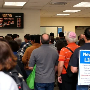 A crowded DMV office with long waiting lines