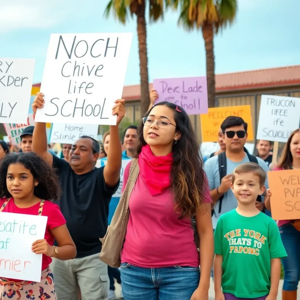 Parents protesting against political signs near a school in Huntington Beach.