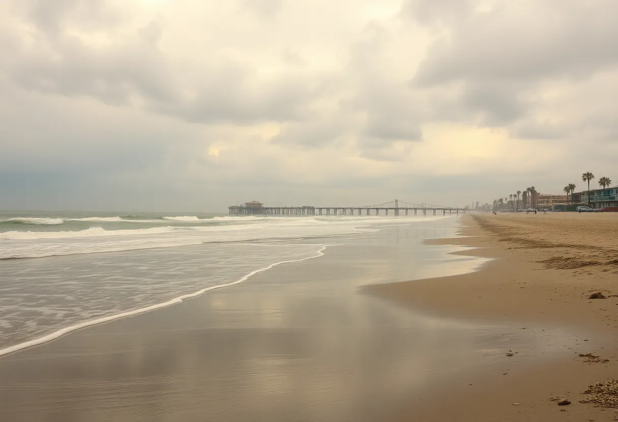 Somber view of Huntington Beach with cloudy skies