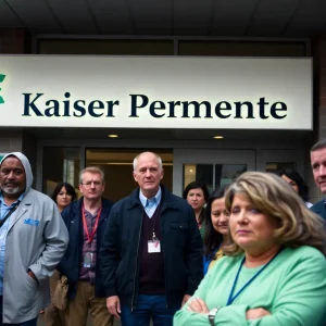 Exterior of Kaiser Permanente healthcare facility with a sign, reflecting the urgency of member complaints.