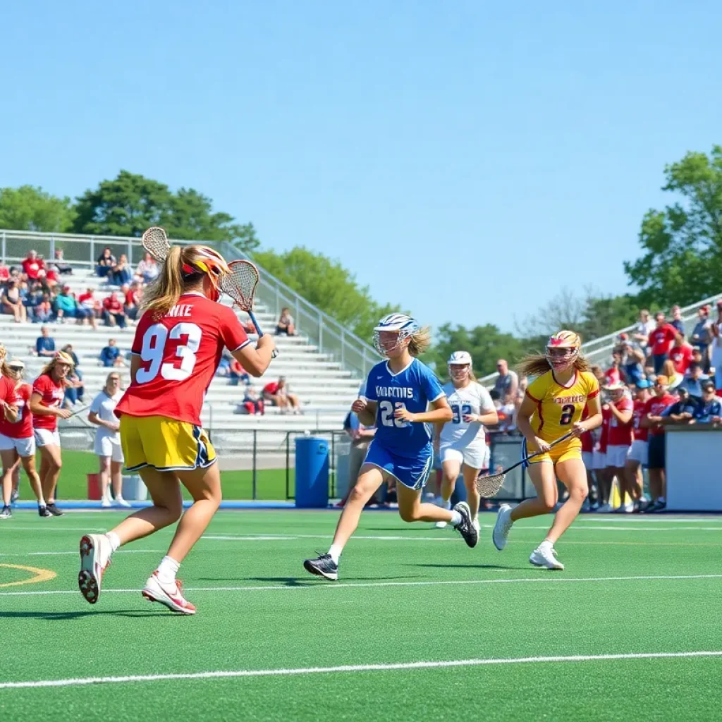 Players competing in a lacrosse match at Mission Viejo High School.
