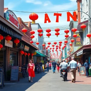 Vibrant street scene in Little Saigon with Vietnamese cafes and shops.