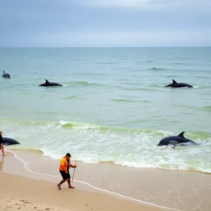 Rescue workers attending to affected marine mammals on a beach in Southern California.