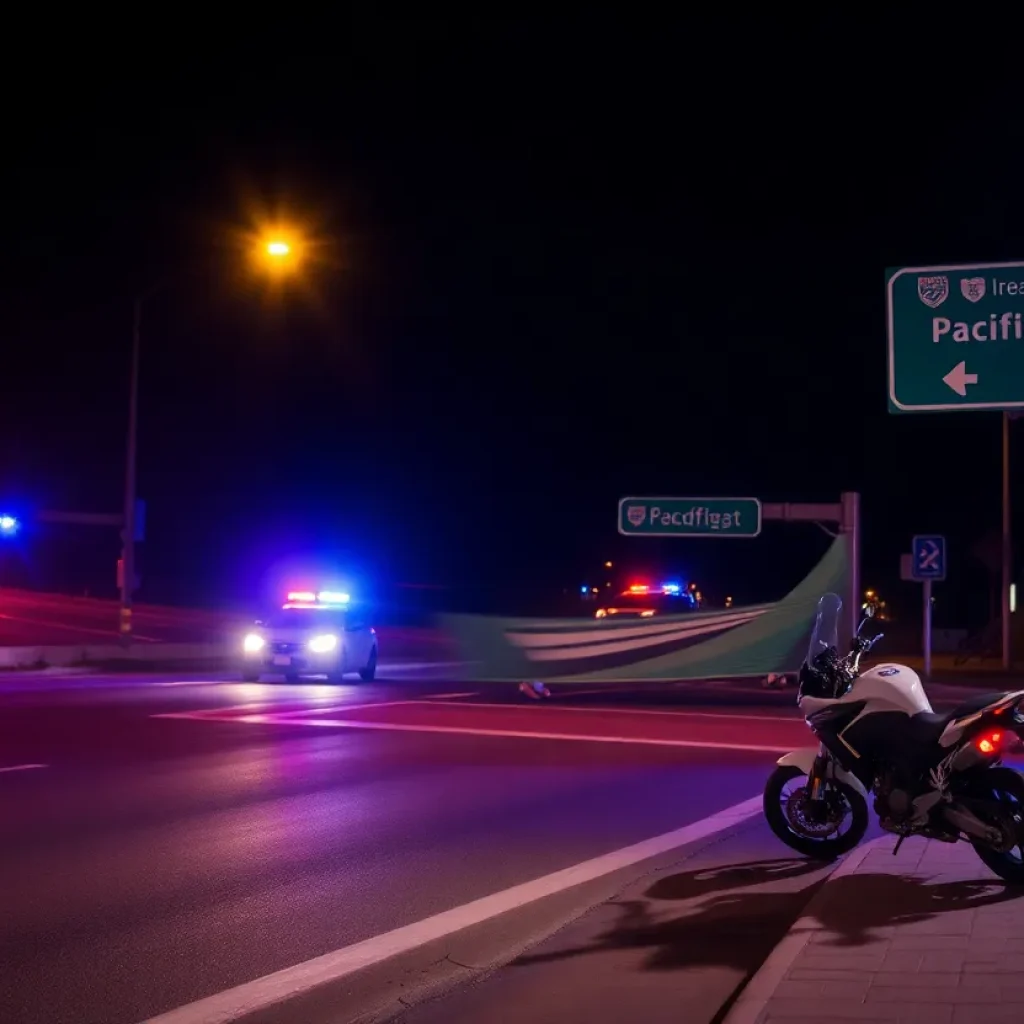 Police lights at night near an intersection on Pacific Coast Highway