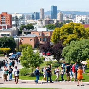 Vibrant cityscape of Oakland, California with community activities.