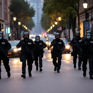 Law enforcement officers conducting a search for an escaped criminal in a city setting.