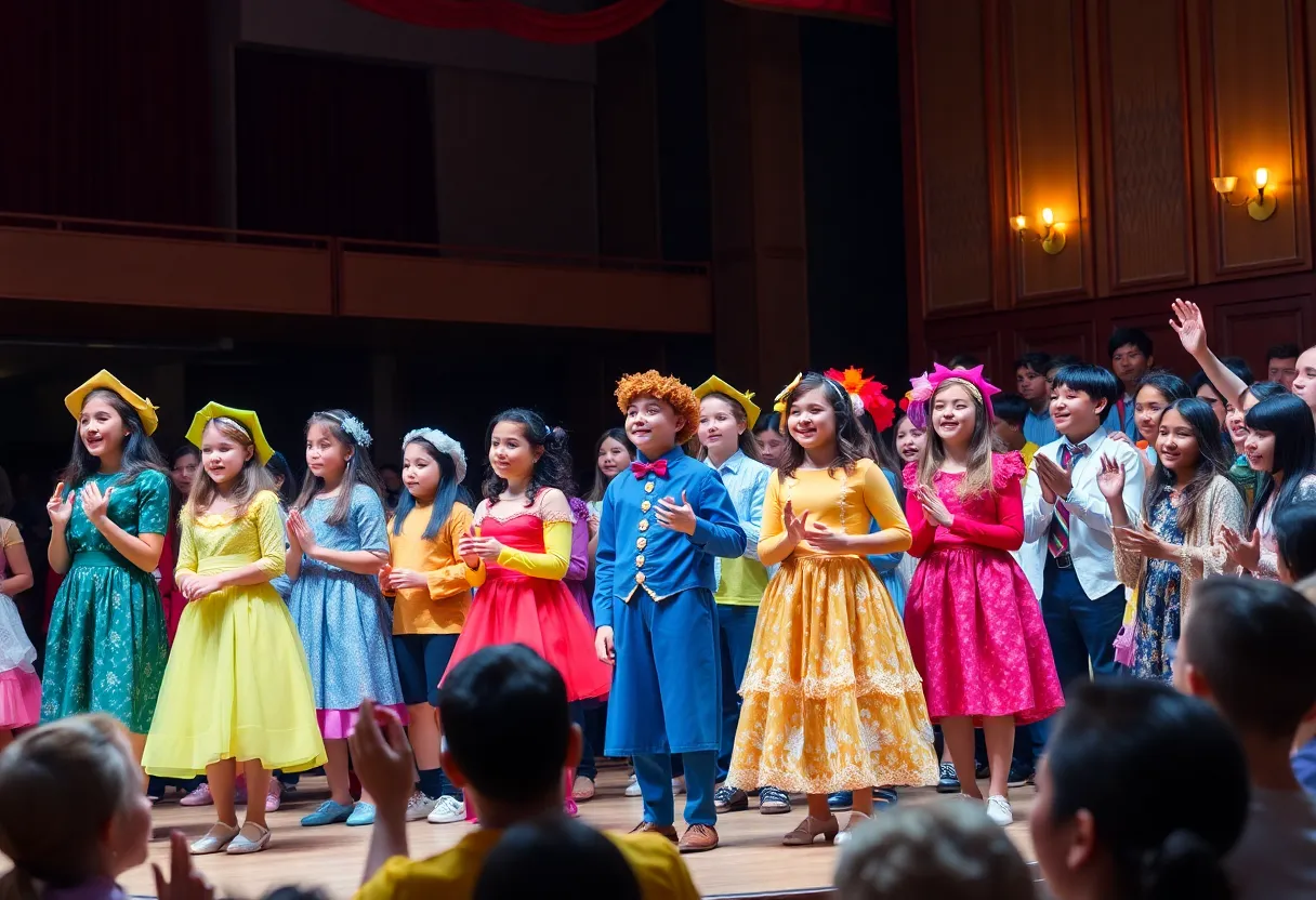Students performing in colorful costumes at Retrofest