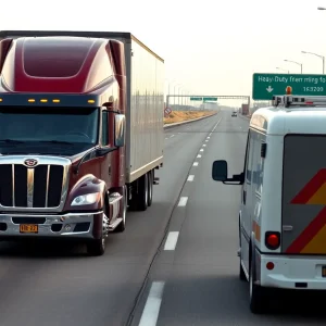 Self-driving heavy-duty trucks on a California highway during testing phase.