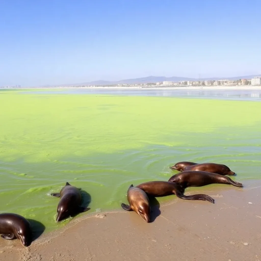 Coastline affected by toxic algae bloom with marine animals in distress