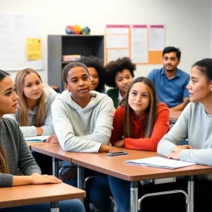 Group of high school students participating in a human trafficking awareness program