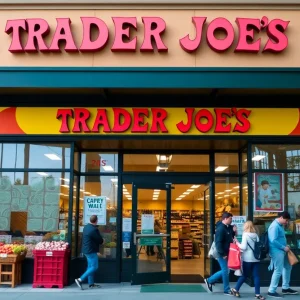 Exterior view of a new Trader Joe's store with customers shopping.