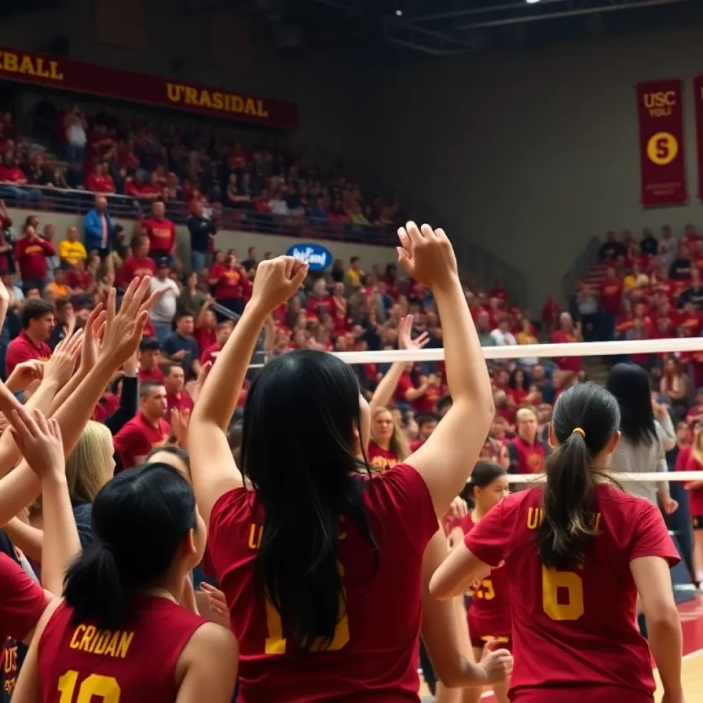 Crowd cheering at a USC volleyball game with players on the court