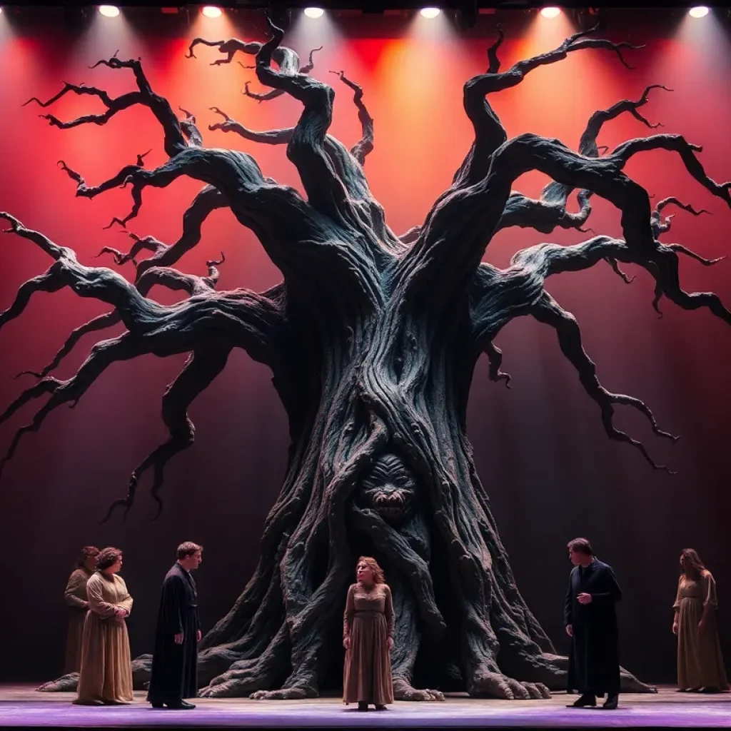 Stage performance of A Monster Calls featuring a large tree and actors