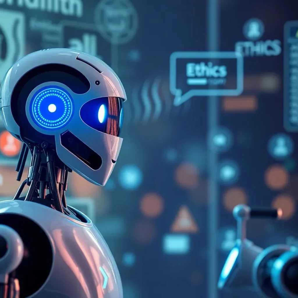 A digital representation of an AI chatbot surrounded by ethical symbols and historical references.