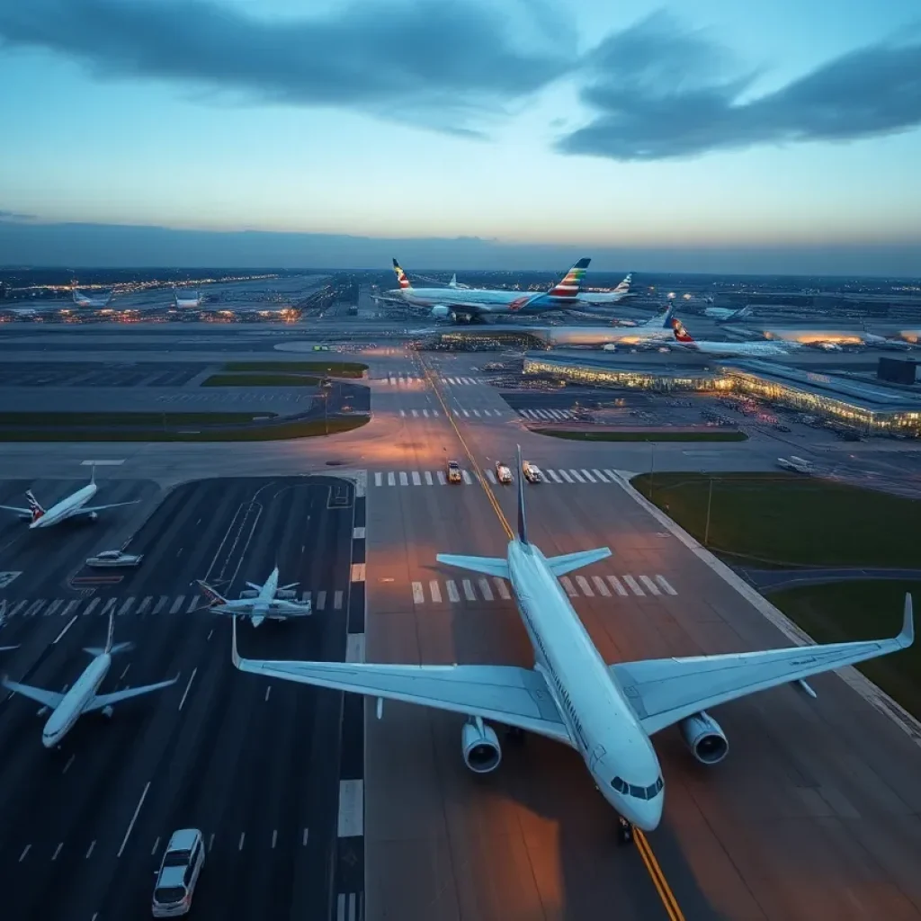 Aerial view of airport with planes and control tower