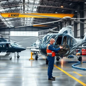 Mechanic inspecting helicopter parts in airport hangar