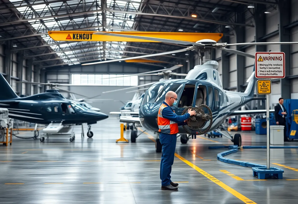 Mechanic inspecting helicopter parts in airport hangar