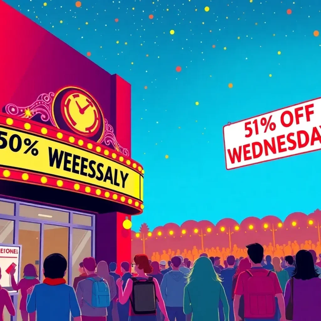 Illustration of AMC Theatres with '50% Off Wednesdays' sign