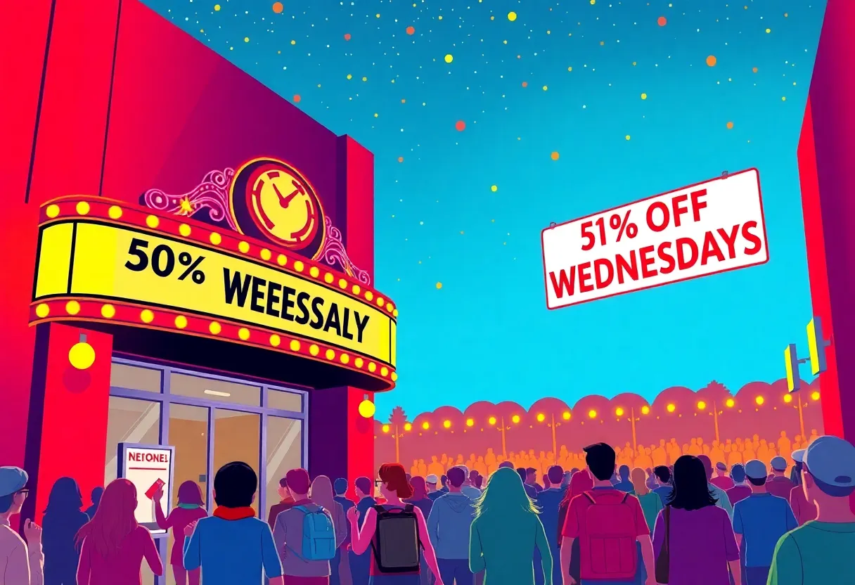 Illustration of AMC Theatres with '50% Off Wednesdays' sign