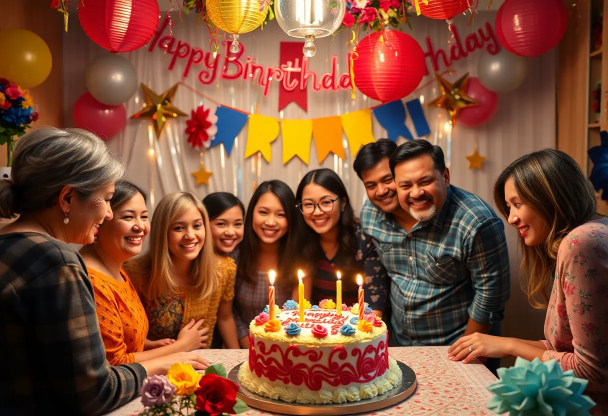 Celebration of a 104th birthday with family and decorations