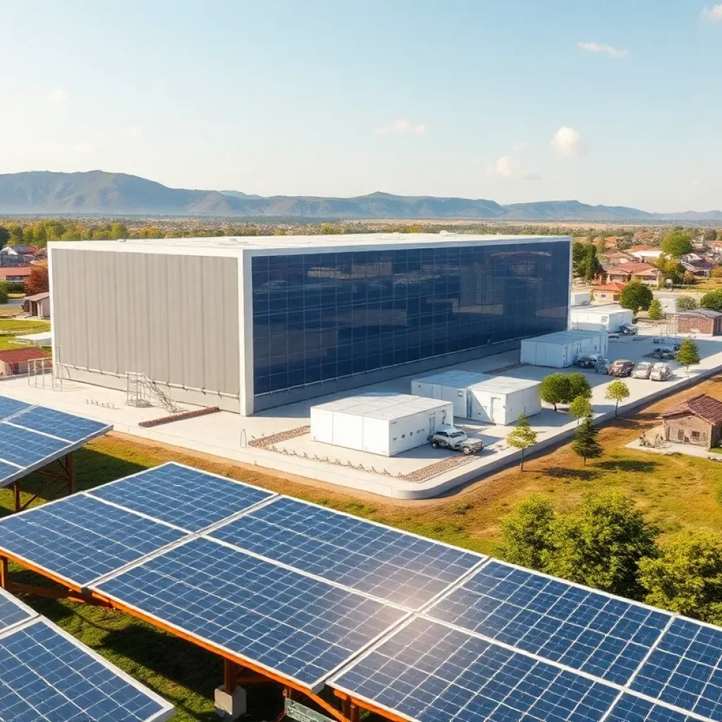 Rendering of a large battery energy storage facility with solar panels and community surroundings