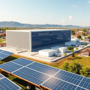 Rendering of a large battery energy storage facility with solar panels and community surroundings