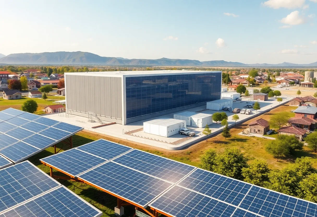 Rendering of a large battery energy storage facility with solar panels and community surroundings