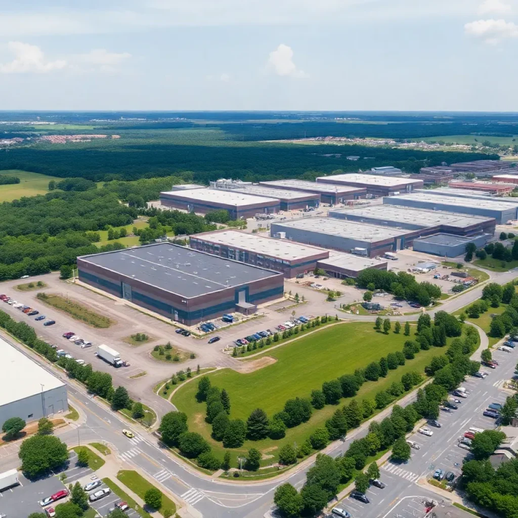 Aerial view of the Beckman Coulter site with industrial and office buildings