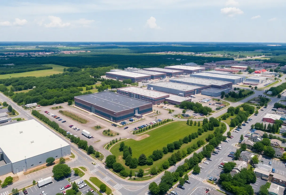 Aerial view of the Beckman Coulter site with industrial and office buildings