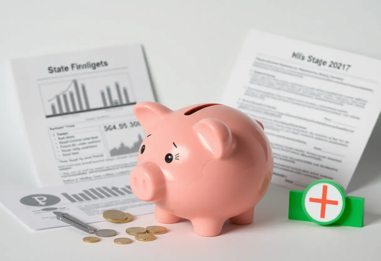 Conceptual representation of California's budget crisis with financial documents and a piggy bank.