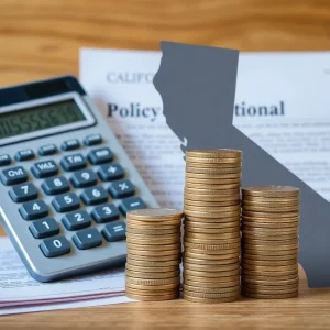Visual representation of California budget deficit with financial elements.