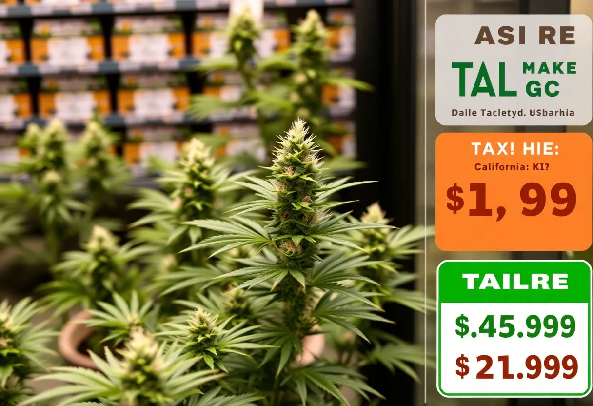 Cannabis products in a California dispensary with pricing affected by tax increase.