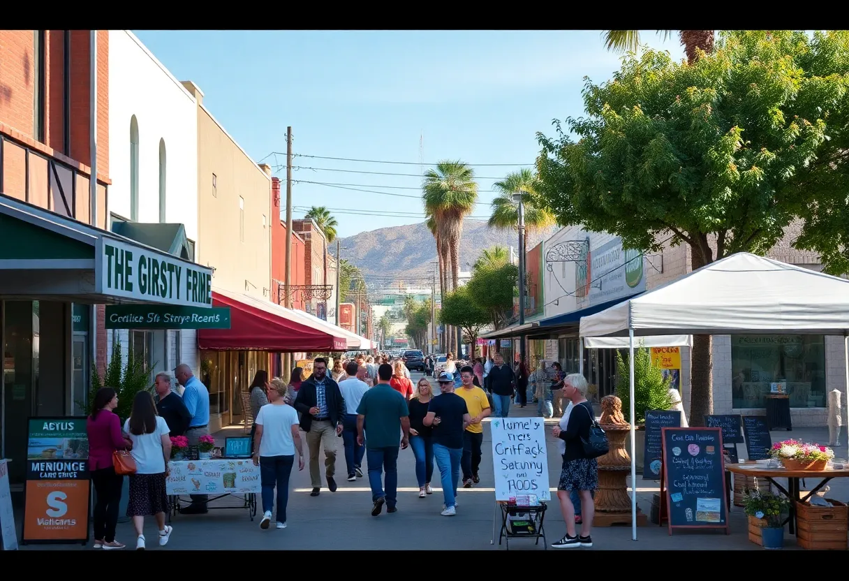 A vibrant California street filled with small businesses and community gatherings.