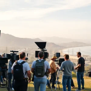 A film set in California at sunset with crew working.