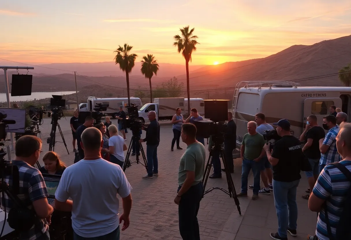 A film set in California at sunset with crew working.