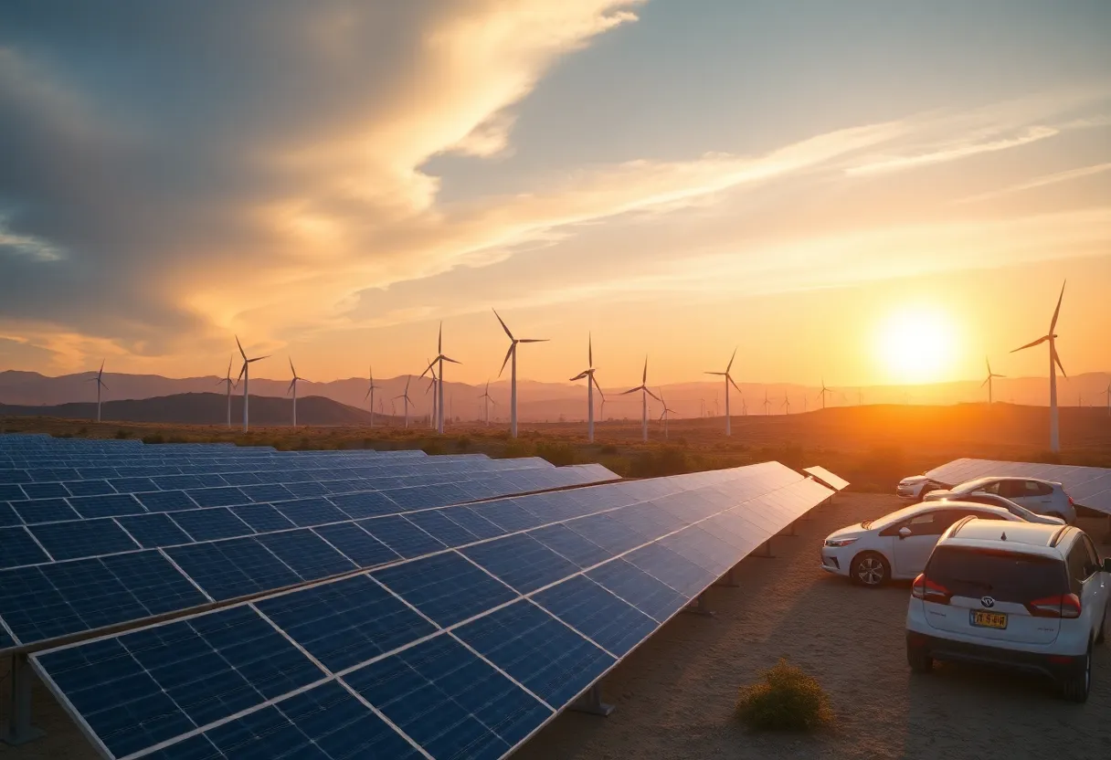 A landscape showing California's renewable energy sources, like solar panels and wind turbines, depicting green energy transition.